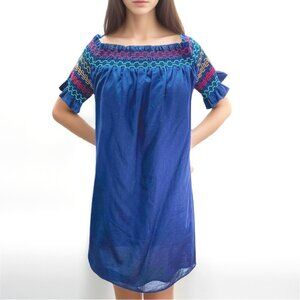 Trina Turk Embroidered Off The Shoulder Smocked Blouse Cotton Indigo Small NWT